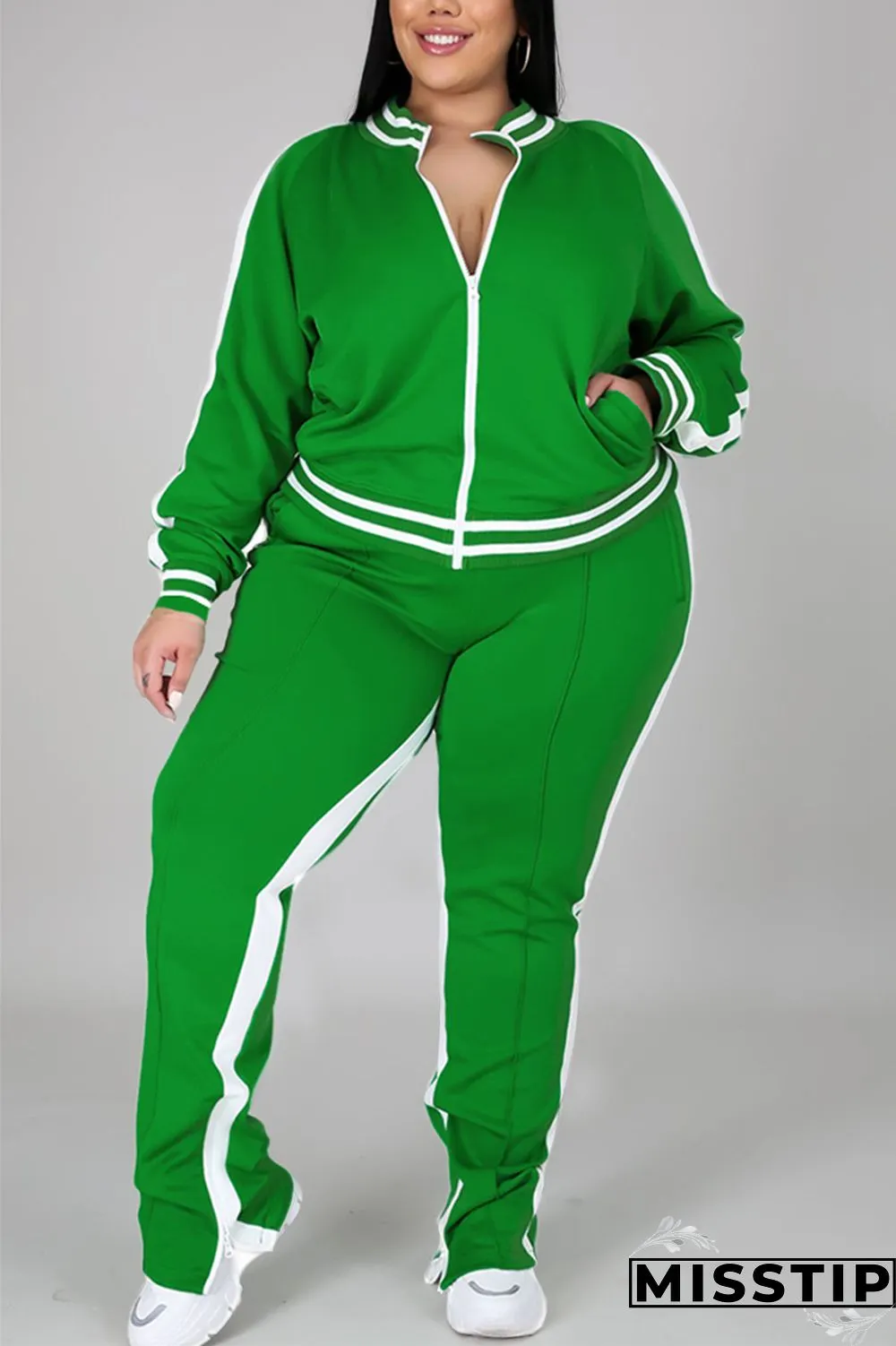 Black Fashion Casual Sportswear Zipper Collar Long Sleeve Regular Sleeve Patchwork Plus Size Set