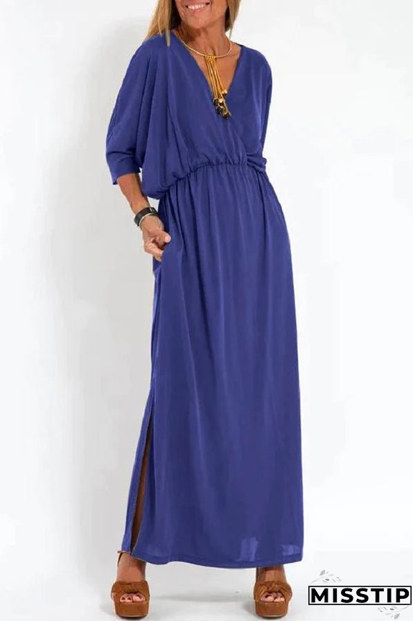Ultimate Comfort Elastic Waist Half Sleeve Pocketed Slit Maxi Dress