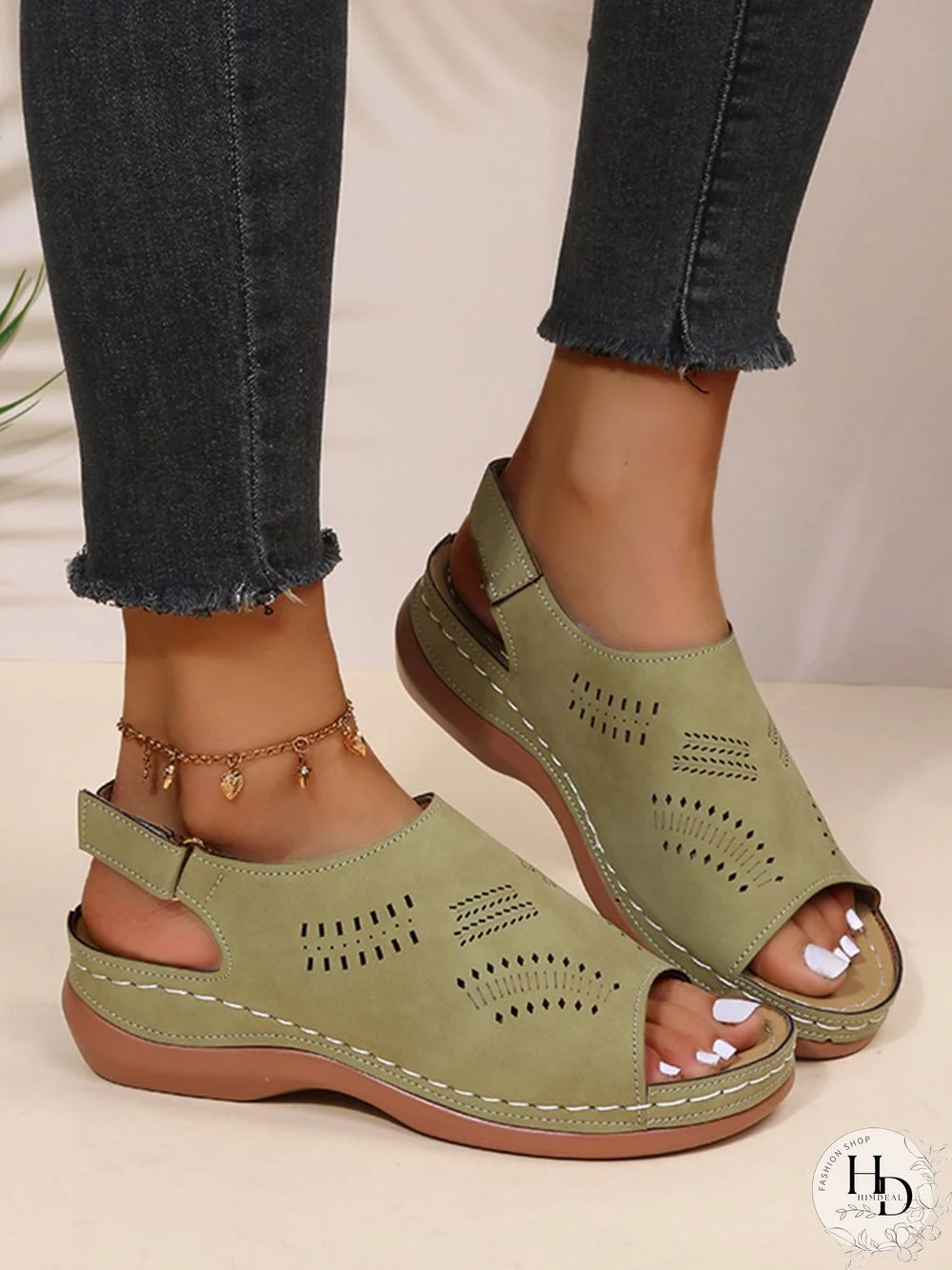 Cutout Velcro Vintage Casual Velcro Wedge Sandals