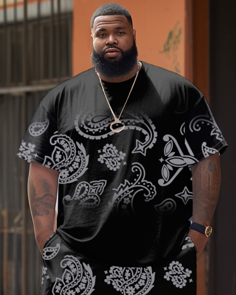 Advanced Color Cashew Flower Pattern T-Shirt Shorts Set Men's Plus Size