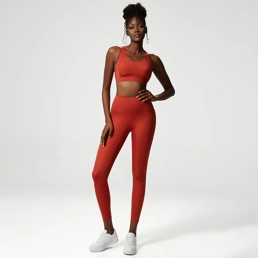 Back crossover solid sports bra + pants two-piece set