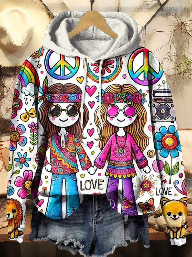 Hippie Valentine Print Casual Hoodie Sweatshirt