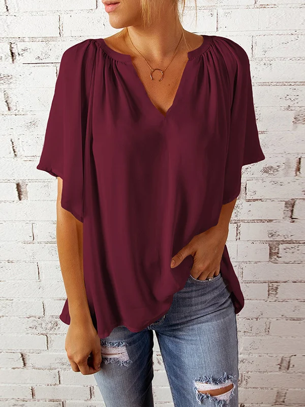 Simple Casual Solid Color Loose Pleated Half Sleeves T-Shirt Top