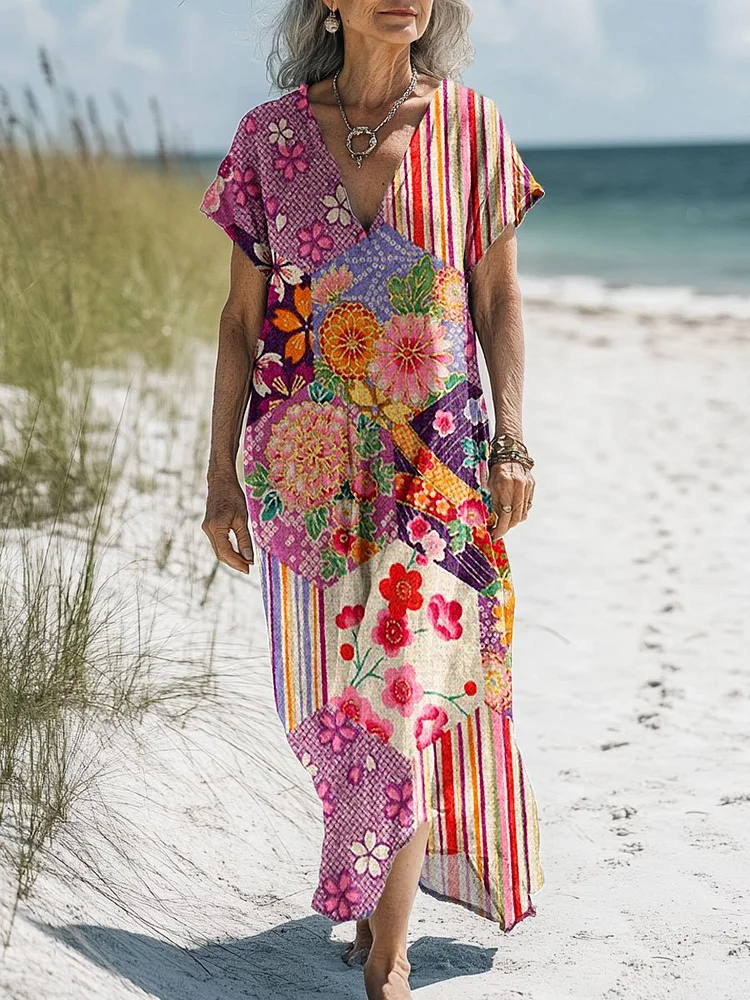 Women's Vintage Floral Art Print Pocket Cotton Dress