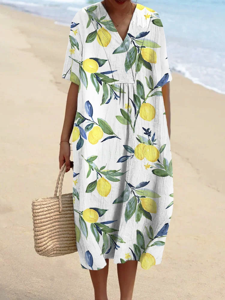 Simple And Fresh Lemon Printed Women's Casual Cotton And Linen