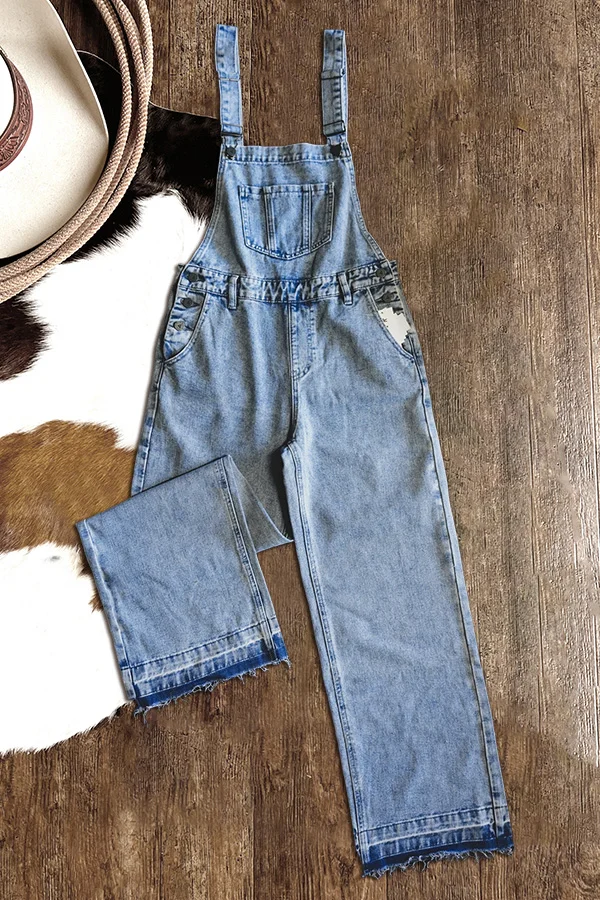 Vintage Washed Pocket Wide Leg Denim Overalls