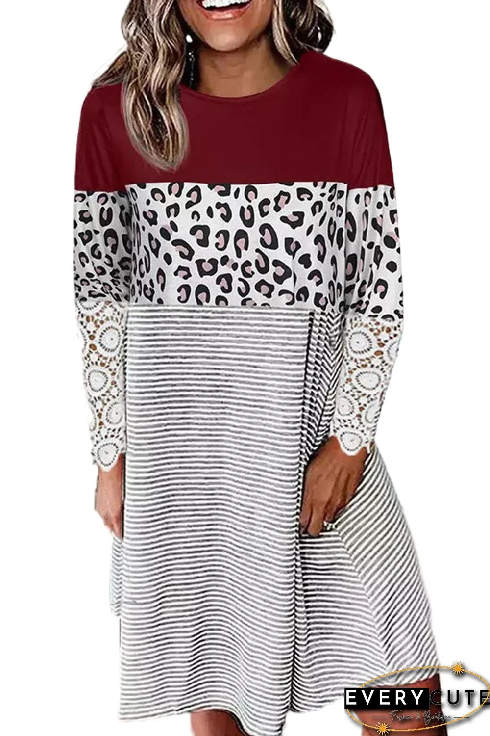 Red Striped Leopard Patchwork Lace T Shirt Dress