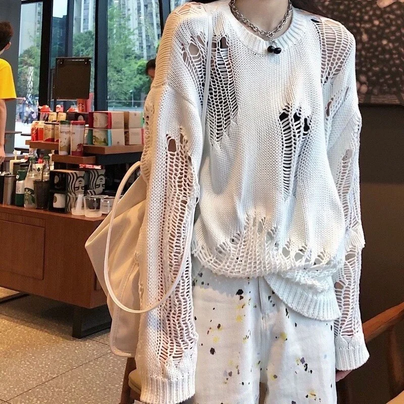 2022 Knitted Sweater Women Spring Summer Simple Casual Hole Loose Drop Feeling Thin Line Knitted Sweater Niche Top Women