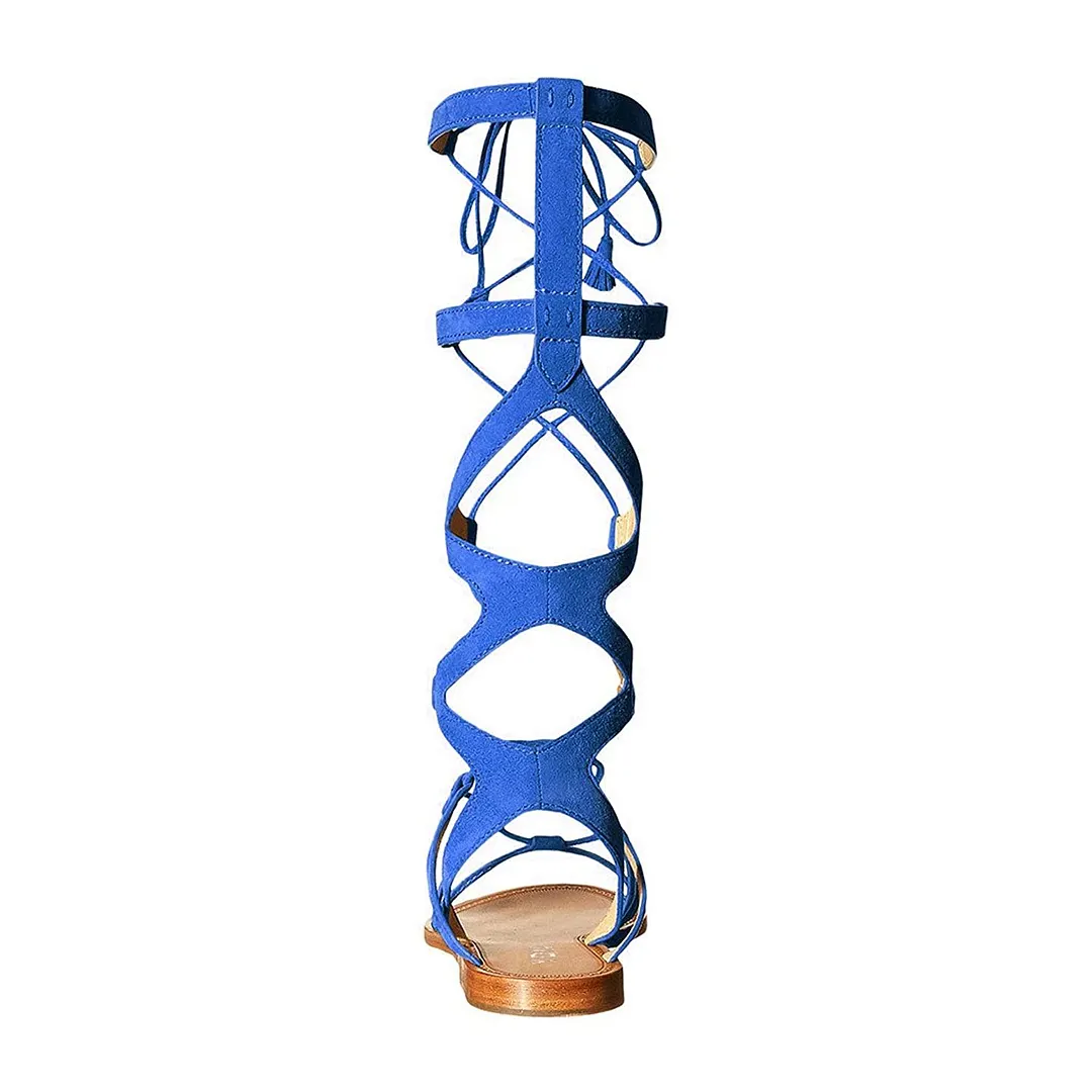 Blue Open Toe Tassel Lace Up Knee High Flat Sandals for Women