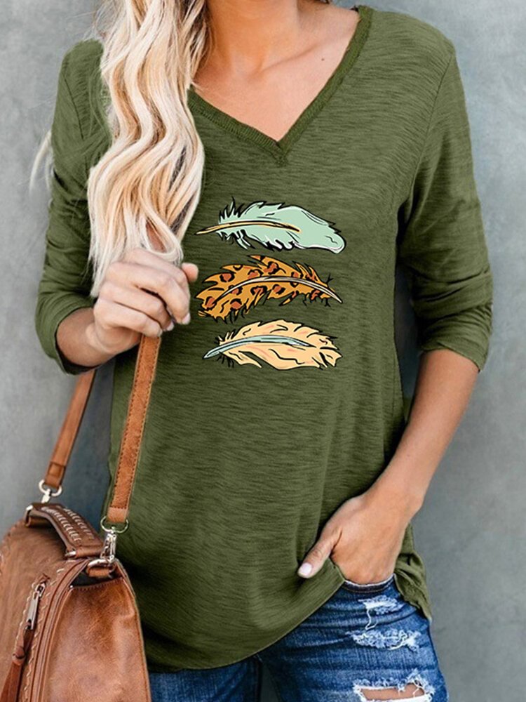 Feather Printed V neck Long Sleeve Casual Women T Shirt P1771211