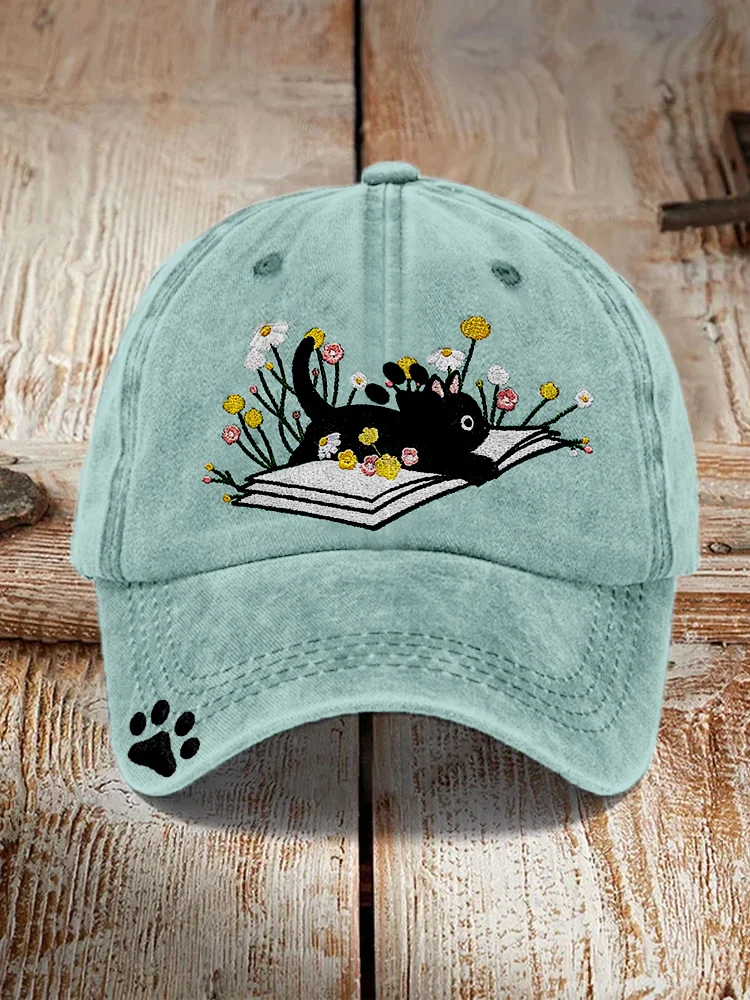 Cute Lying On The Book Cat Embroidered Art Cap