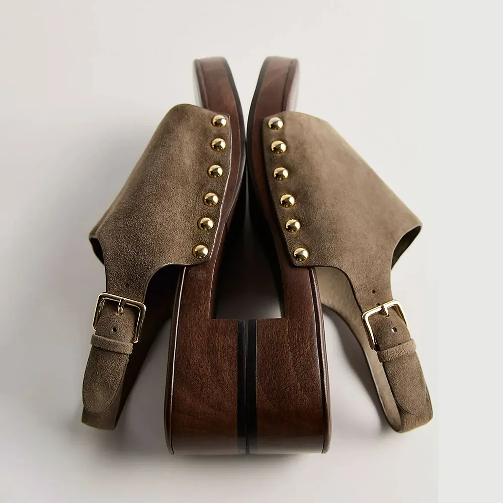 Light Khaki Open Toe Studded Slingback Low Heel Sandals with Platform