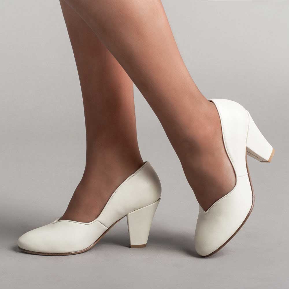 White Vegan Leather Round Toe 3‘’ Block Heel Slip-On Bridal Pumps Nicepairs