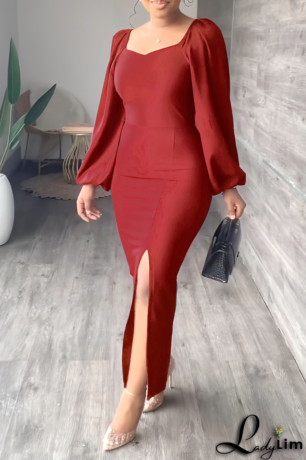 Sky Blue Fashion Solid High Opening Square Collar Pencil Skirt Dresses