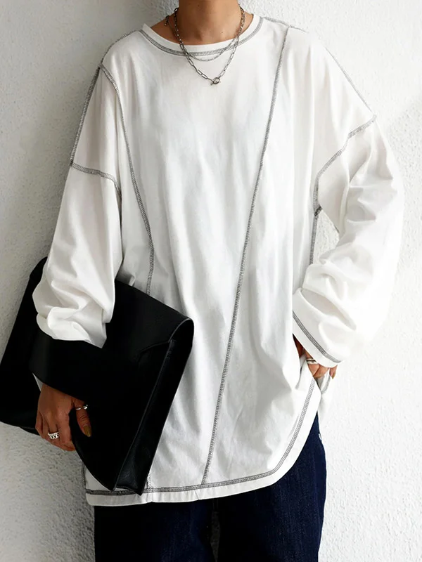 Casual Solid Color Split-Joint Long Sleeves T-Shirt Top