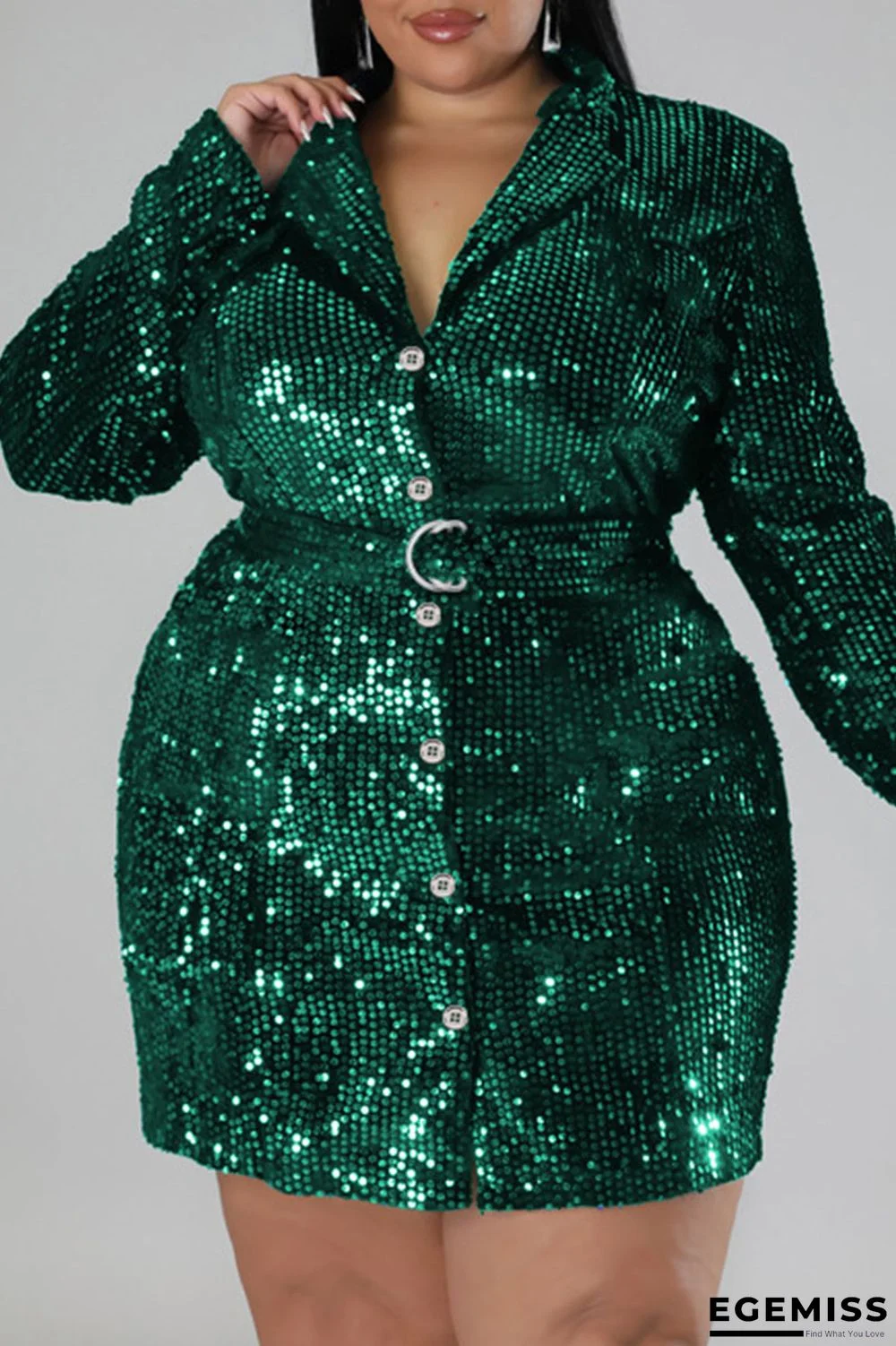 Green Sexy Solid Sequins Patchwork Buckle Turndown Collar Straight Plus Size Dresses | EGEMISS