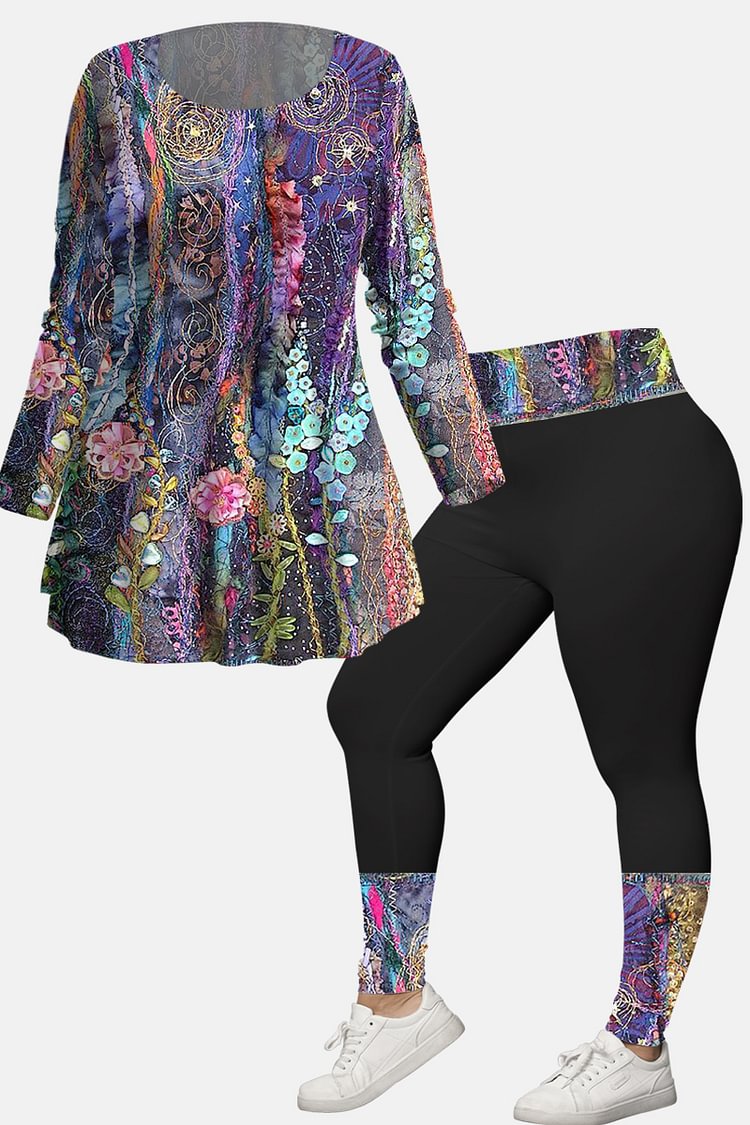 Flycurvy Plus Size Casual Purple Stitiching Floral Print Two Piece Pant Set  flycurvy [product_label]