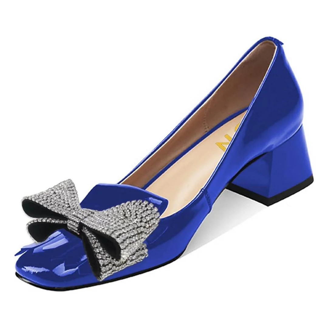YDN Shiny Blue Rhinestone Bow Square Toe Fringe Low Heel Pumps