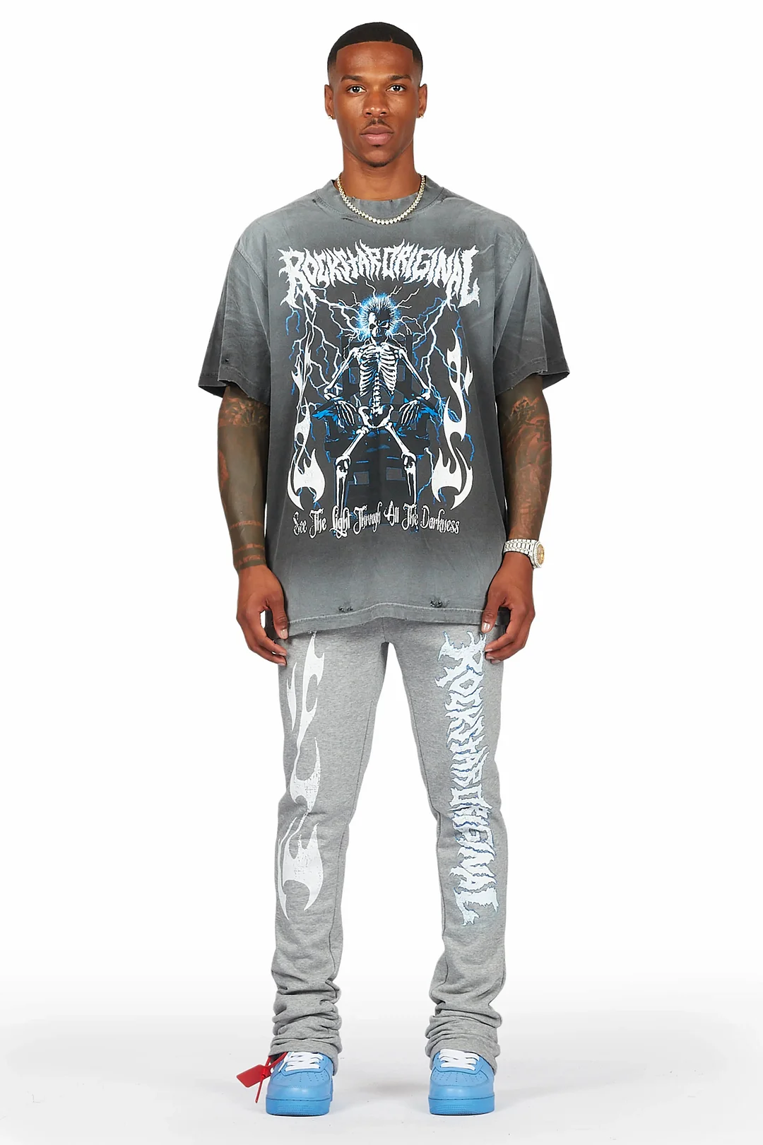 Exodus Charcoal Grey T-Shirt/Stacked Flare Track Pant Set
