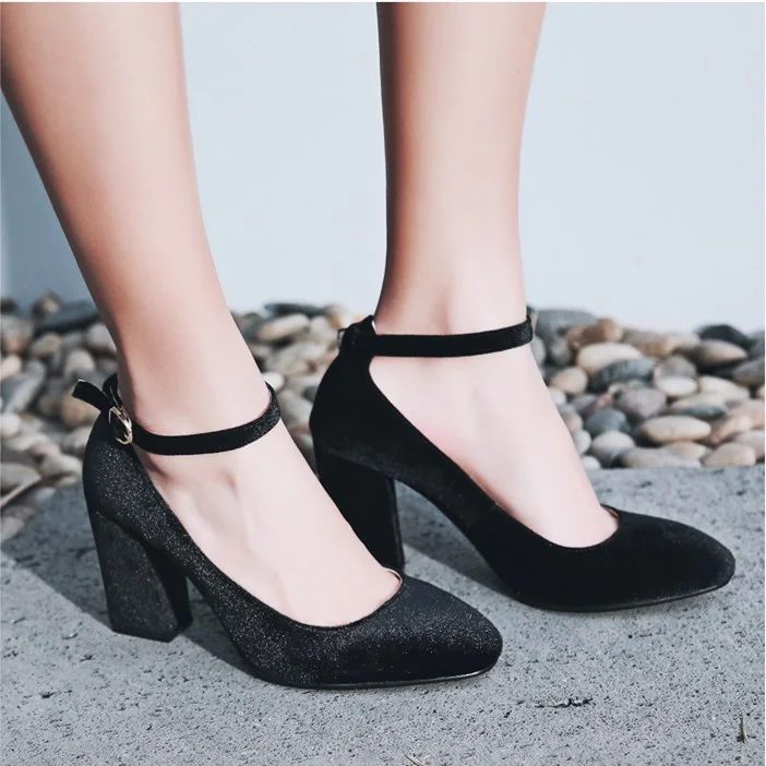 Black Velvet Heels Square Toe Ankle Strap Chunky Heel Vintage Pumps |FSJ Shoes