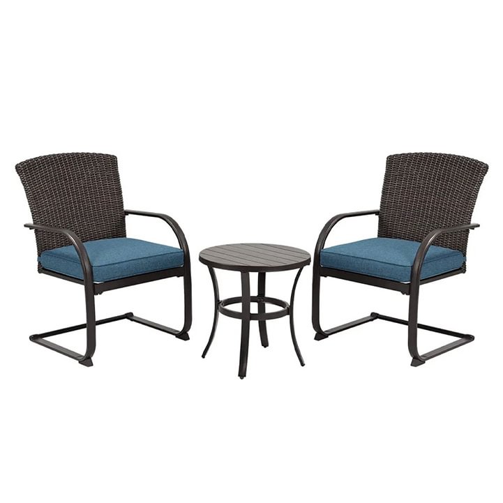 Brody 3 Piece Outdoor Rattan Bistro Set, Wicker Chairs with Removable Cushions and Small Coffee Table  