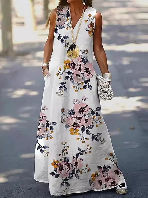 A-Line Loose Flower Print Pockets V-Neck Maxi Dresses