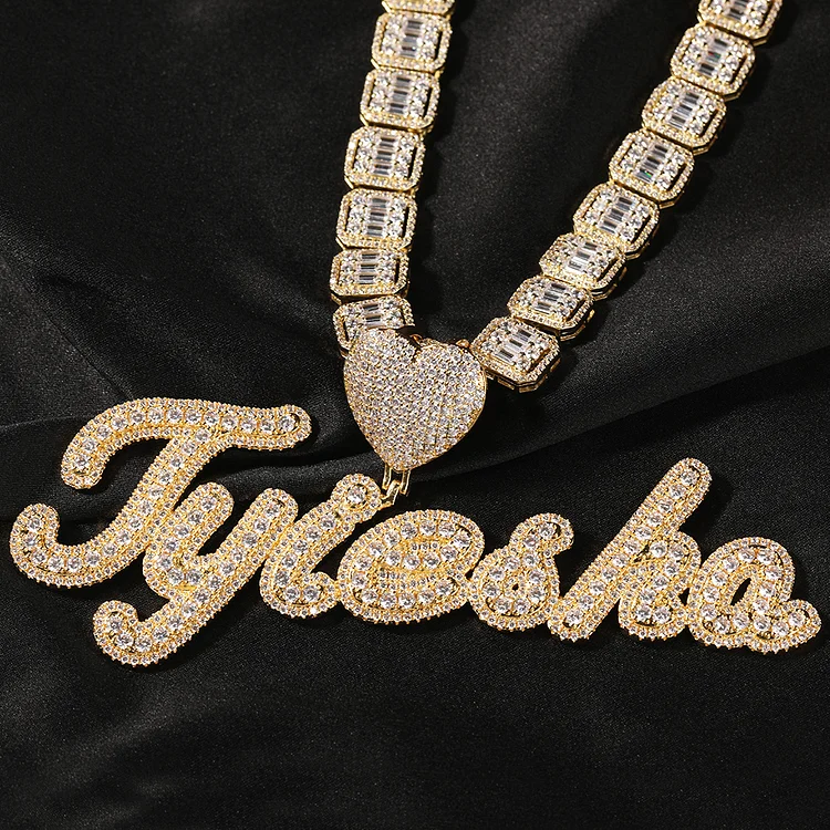Custom Name Heart Brush Bubble Two Tone Pendant Hiphop Necklace
