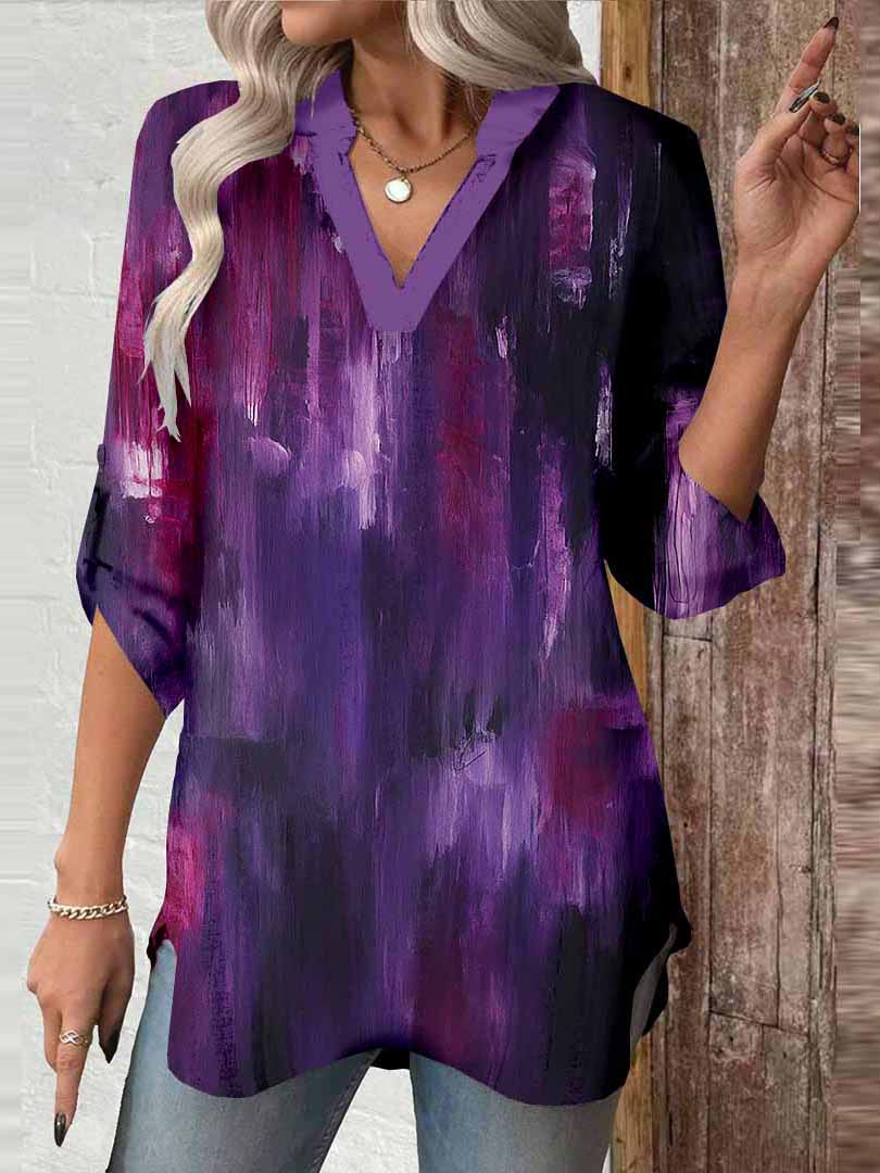 Women Painting,Purple DZGA0017 3/4 Sleeve V-neck Printed Graphic Button Tops