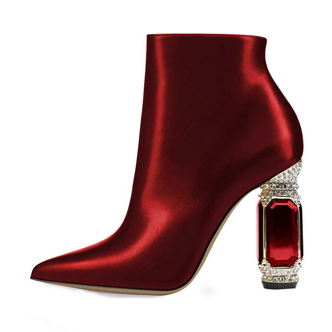 Red Pointed Toe Zipper Ankle Boots Decorative Heels Nicepairs