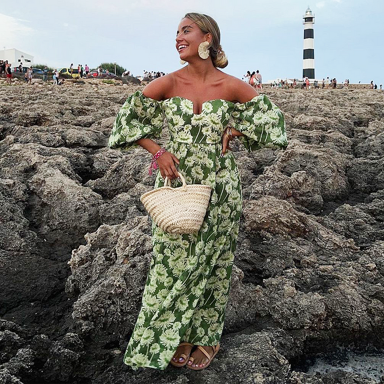 One Shoulder Bandeau Puffed Sleeves Blossom Printed Dress
