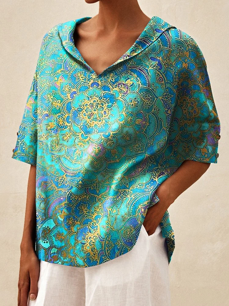 Women's Retro Marble Art  Print Casual Linen V-neck Shirt