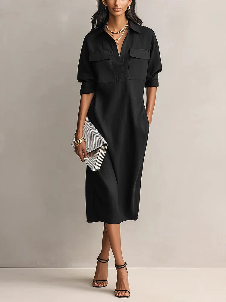Women's Solid Color Lapel Collar Long Sleeve Casual Loose Cotton Linen Dress
