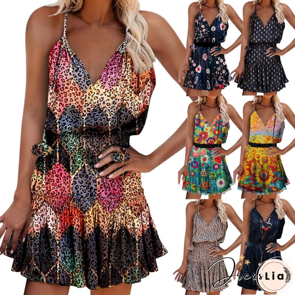Fashion Short V-neck Pullover Print Sling Dress