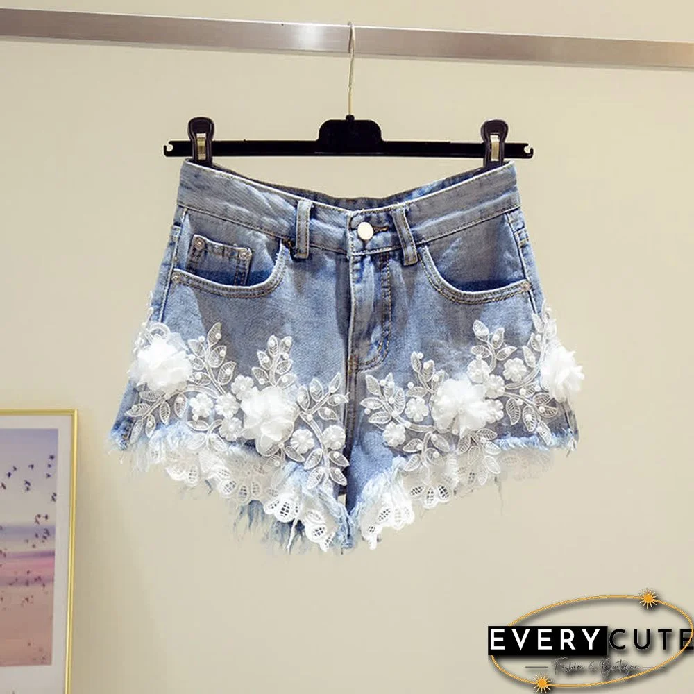 Blossom Embroidery Lace Denim Shorts