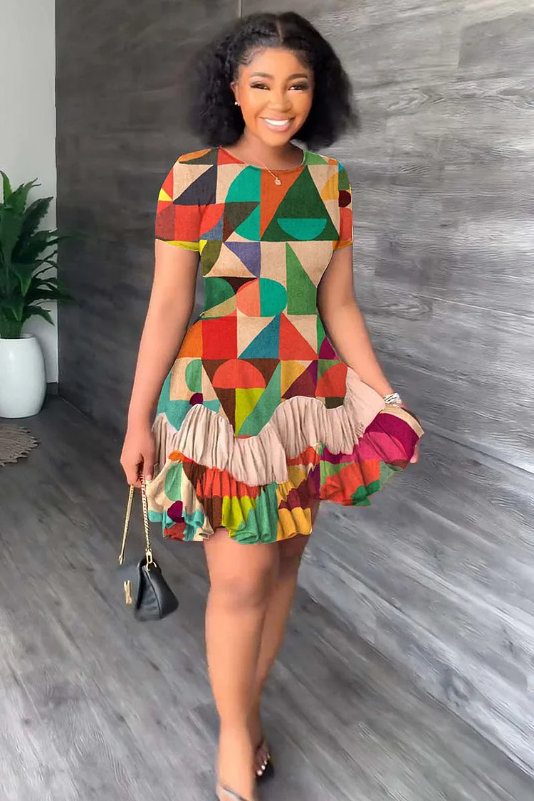 Multicolor Geometric Print Ruffled Hem Mini Dresses
