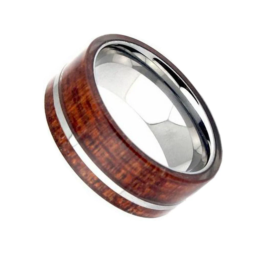 6MM 8MM Flat Wood Inlay Surface with Thin Silver Line Tungsten Rings Polished Interior For Men