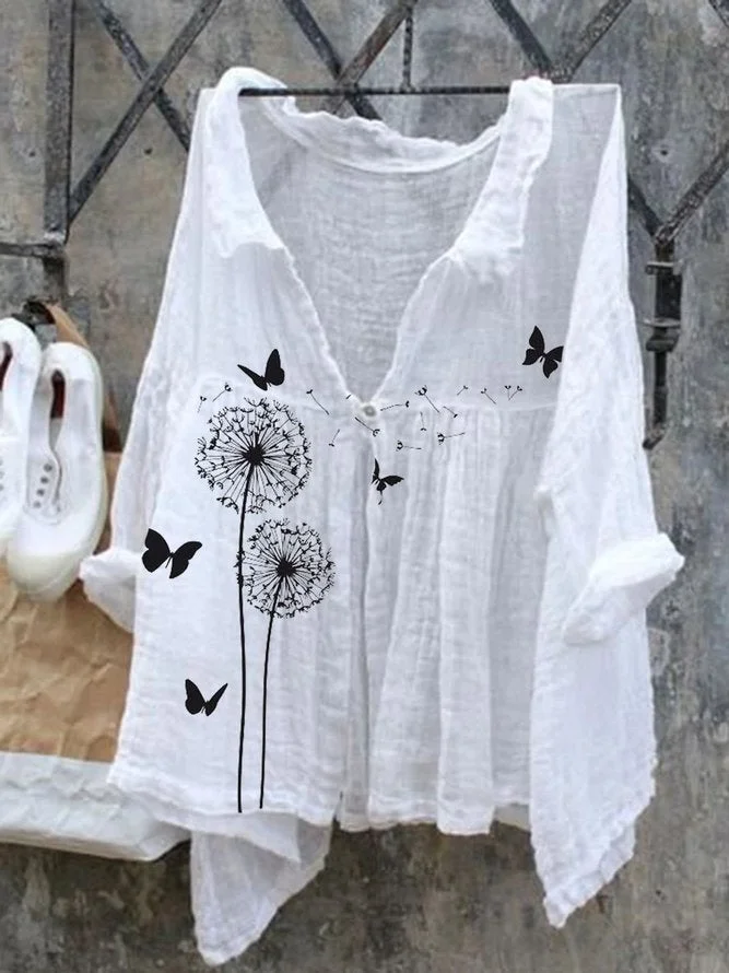 Long Sleeve Casual Linen Printed Shirts & Tops