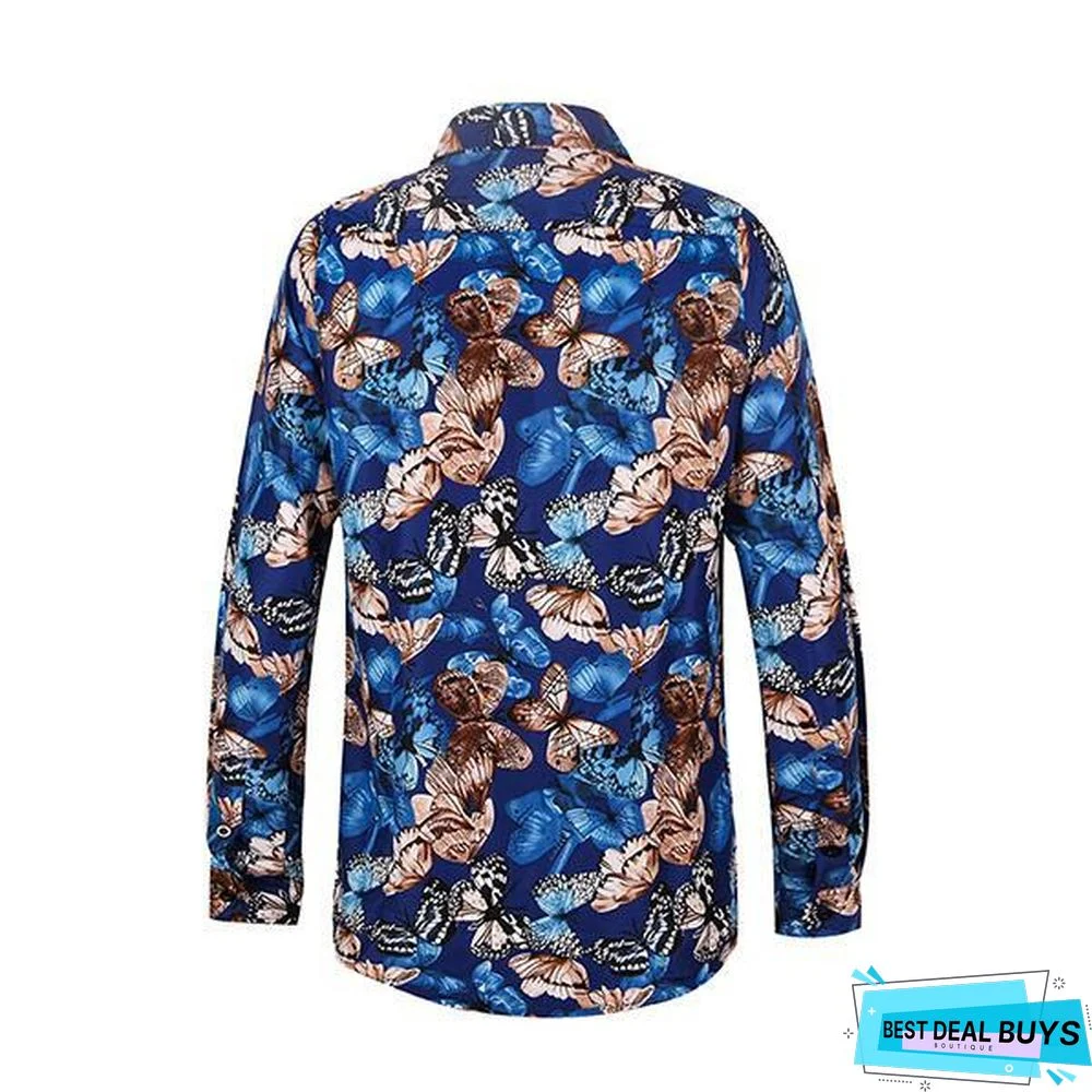 Men's Stylish Butterfly Printed Casual Slim Fit Long Sleeve Shirts
