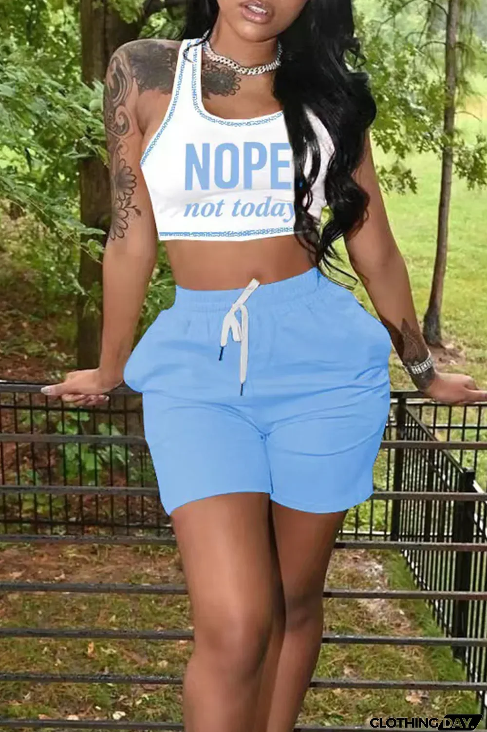 Black Casual Print Split Joint U Neck Sleeveless Two Pieces