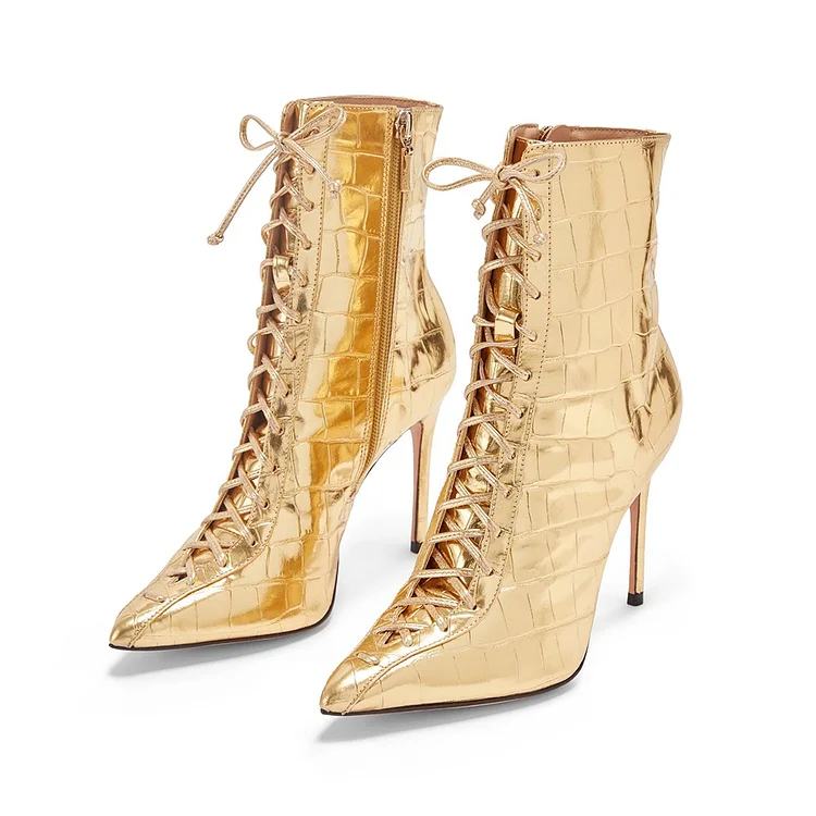 Gold Lace Up Boots Stiletto Heel Ankle Boots |FSJ Shoes