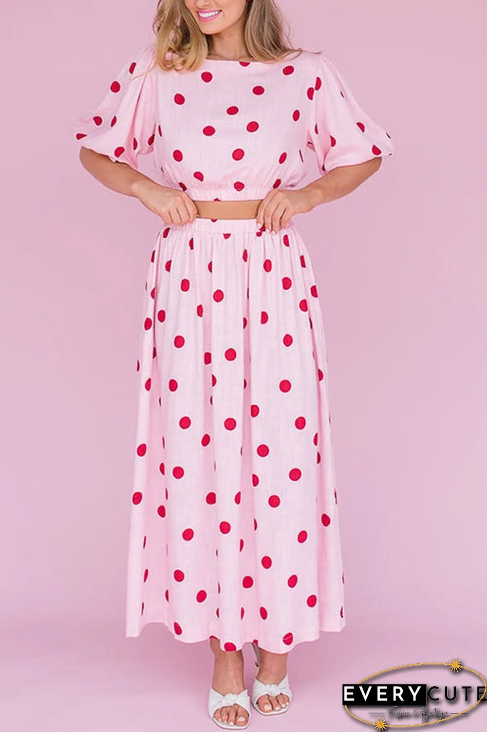 Polka Dot Puff Sleeve Maxi Skirts Set