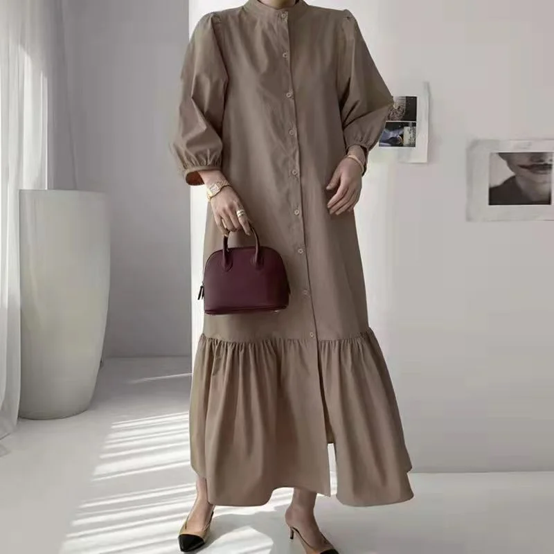 Japanese stand-up collar long cropped sleeve cardigan loose splicing big swing skirt A-line skirt