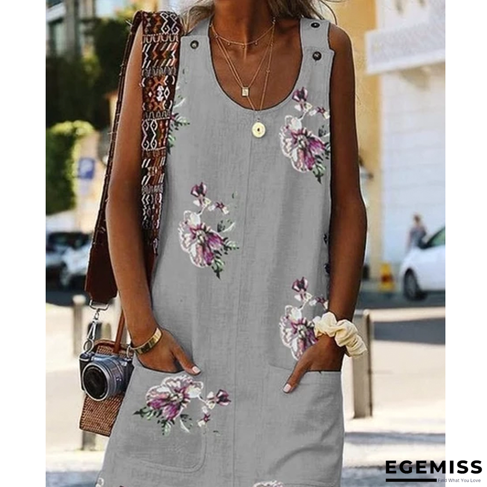 Large Size Women's Dress Floral Print Round Neck Sleeveless Double Pocket Dresses White Dresses | EGEMISS