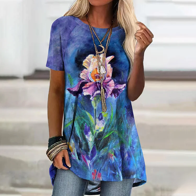 Iris Print Round Neck Short Sleeve Tunic