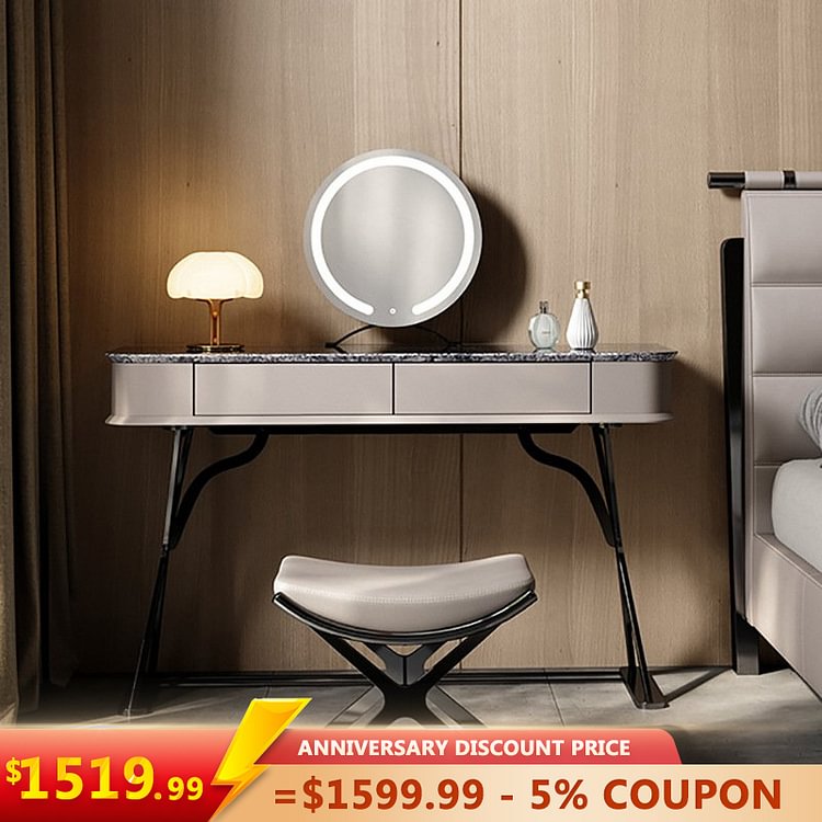 Homemys Sintered Stone Makeup Vanity Set Dressing Table with Tempered Glass Cabinet & Stool & LED Mirror