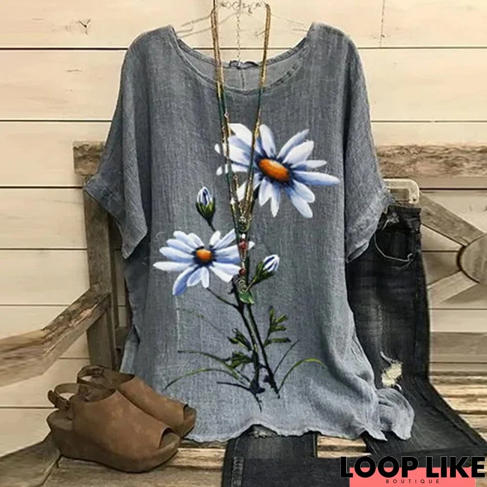 Short Sleeve Bateau/boat Neck Floral Boho Tops