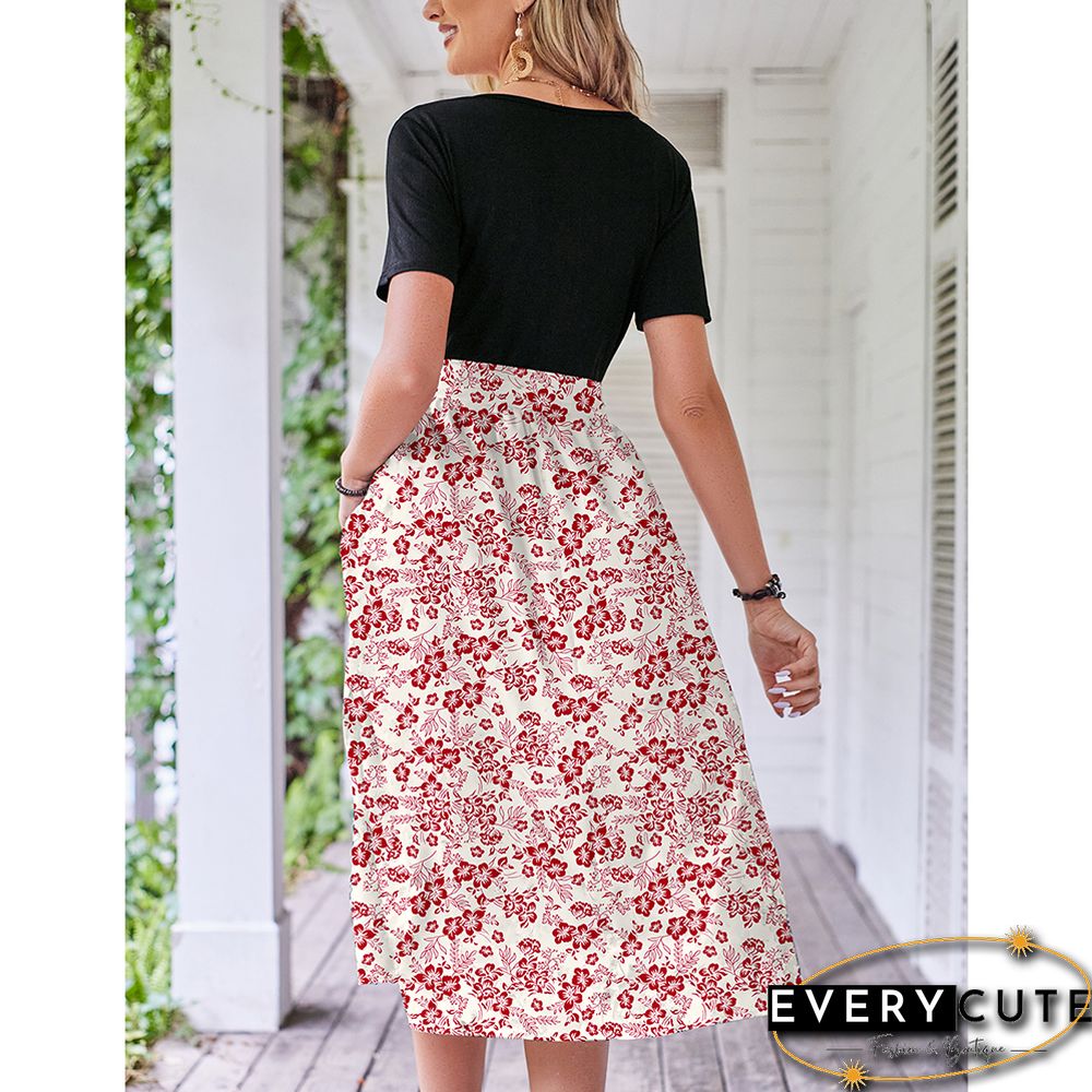 Pink White Floral Print Spliced Short Sleeve Dress