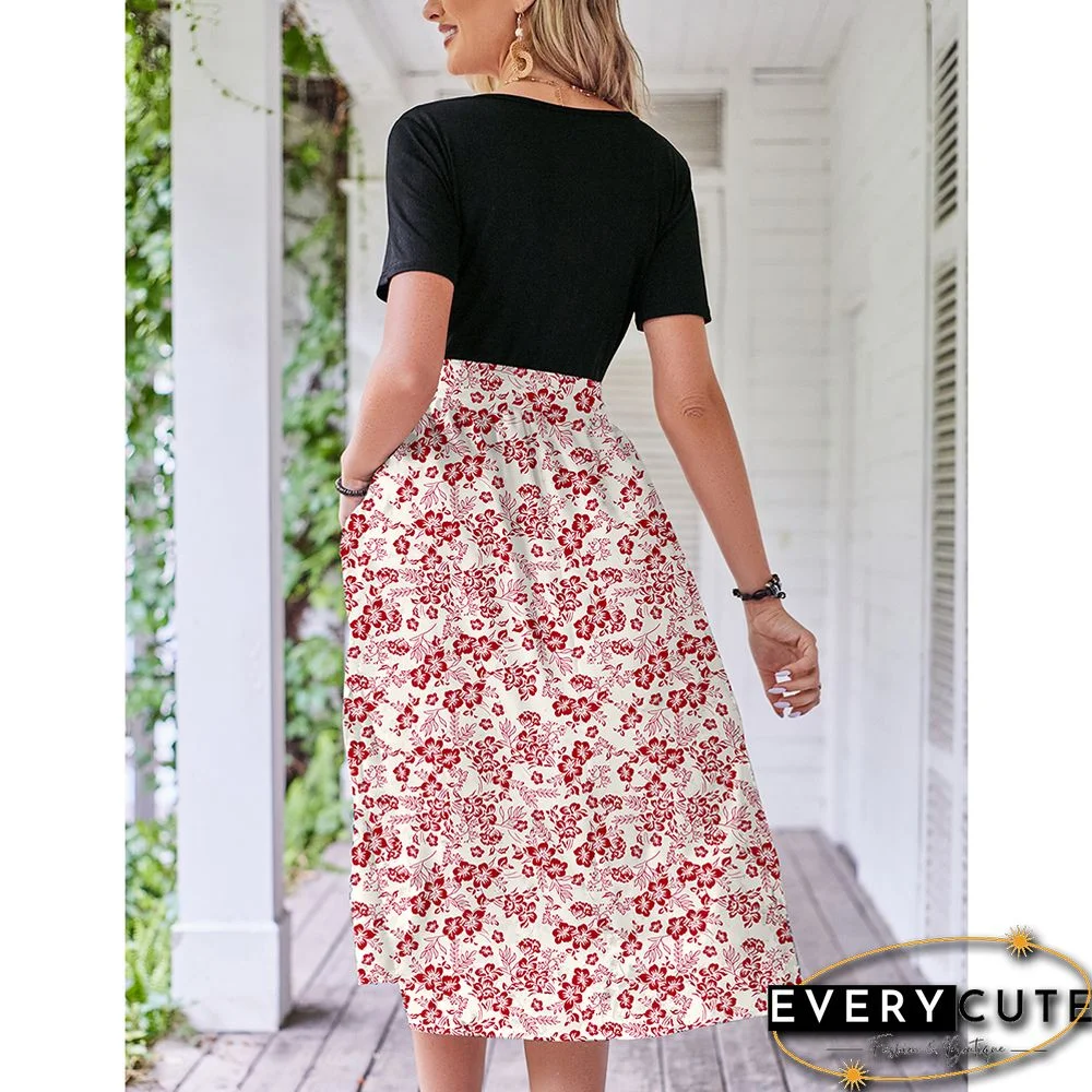 Pink White Floral Print Spliced Short Sleeve Dress