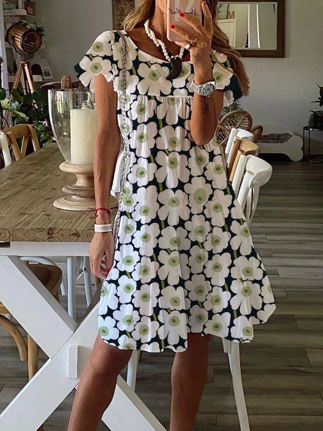 Floral Print Short Sleeve Round Neck Casual Dress