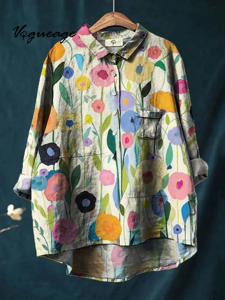 Oil Painting Flowers And Plants Printed Cotton And Linen Shirt